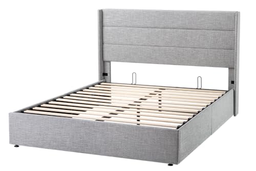 Allewie Full Size Lift Up Storage Bed with Wingback Headboard, Light Beige C85153