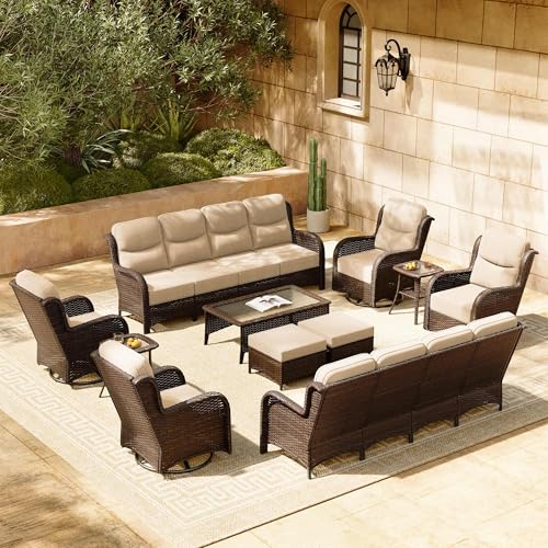 Luxury Patio Furniture Set 7PCS Wicker Conversation Set with Blue Cushions J5390
