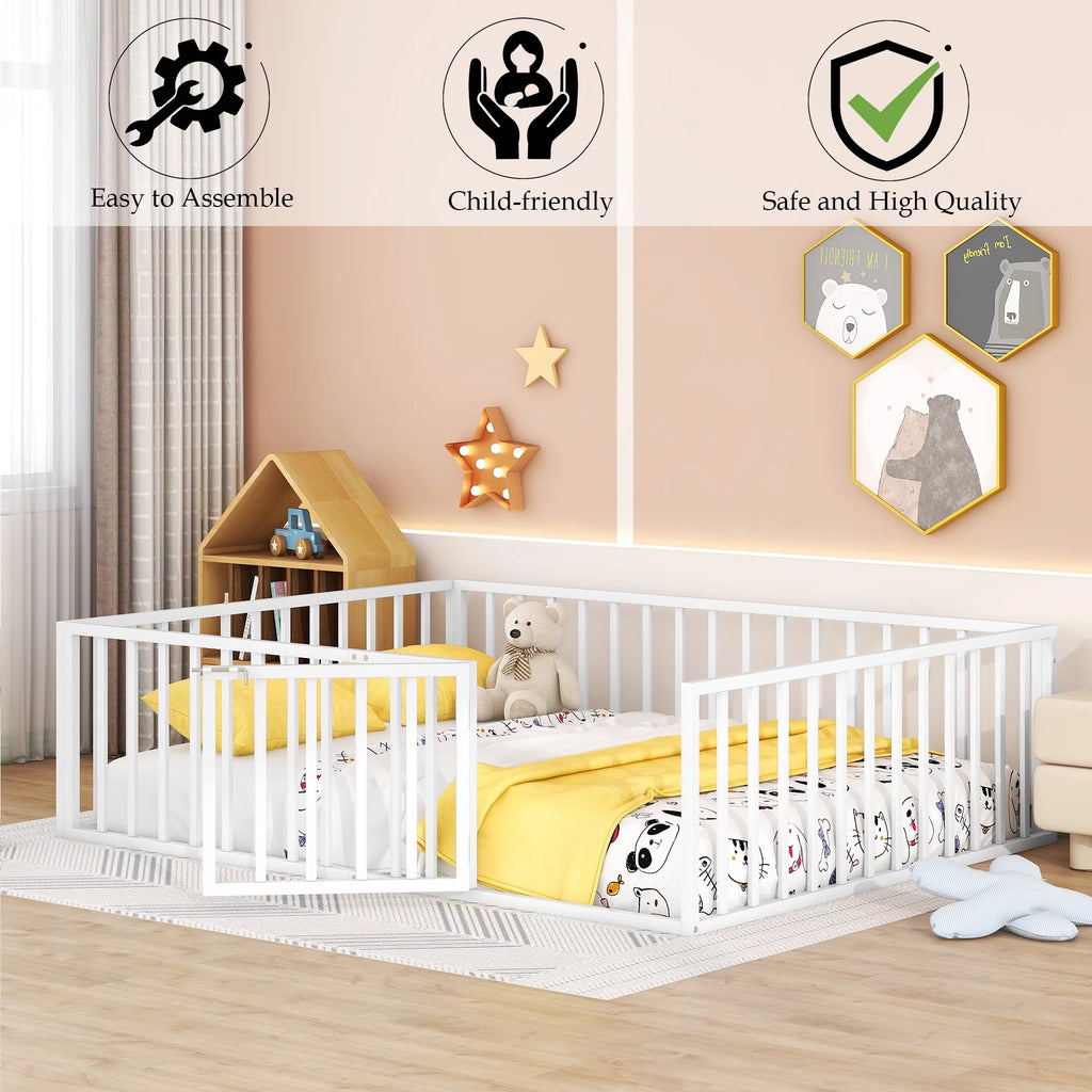 Bellemave Queen Metal Floor Bed with Fence Rails and Lockable Door, White N142