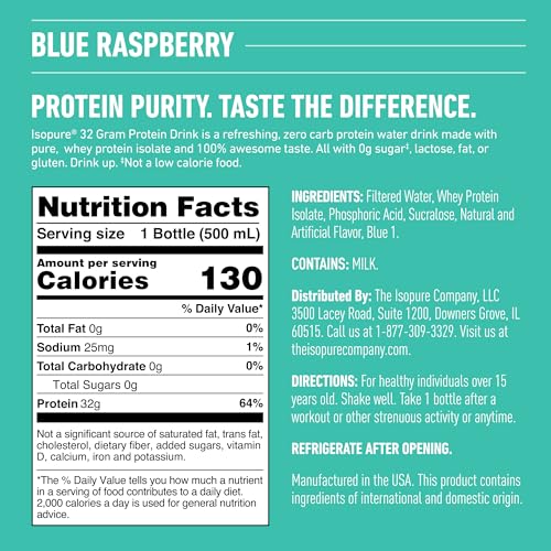 Isopure Zero Carb 32g Clear Protein Drink, Whey Protein Isolate, Blue Raspberry, 12 Pack B35019
