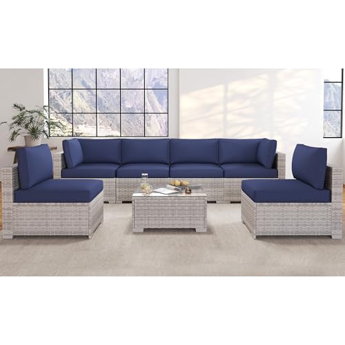 KIGOTY Patio Furniture Set 7 Pieces Outdoor Sectional Sofa with Cushions and Glass Coffee Table B60021