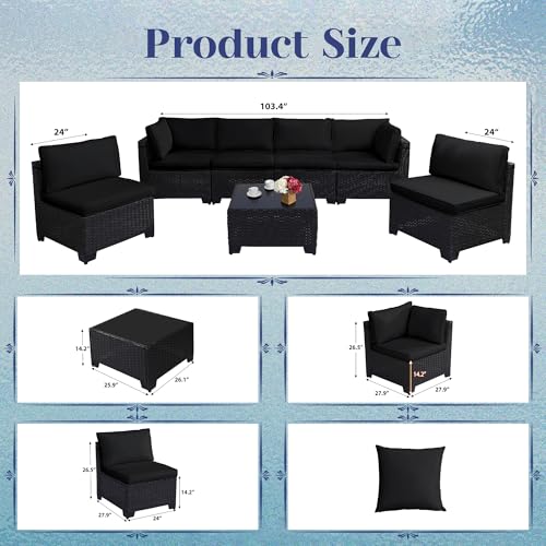 KIGOTY Patio Furniture Set 7 Pieces Outdoor Sectional Sofa with Cushions and Glass Coffee Table B60021