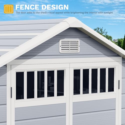 DWVO 6x4.4 FT Resin Storage Shed with Fence-Style, Side Windows, Lockable Door, Gray U891795