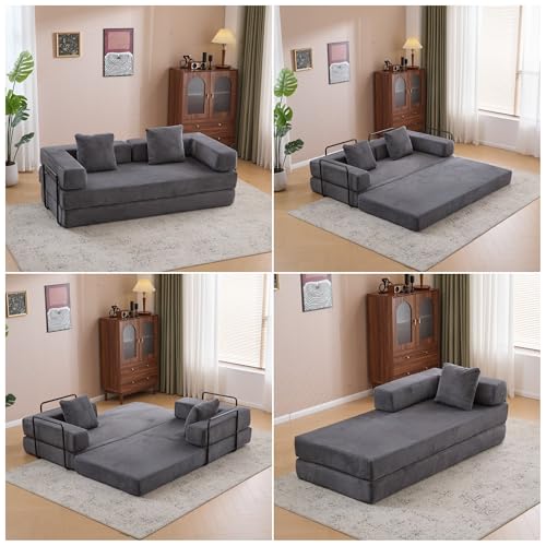 Convertible Floor Sofa Bed with Pillow Back and Armrest, Chenille, Dark Gray N4509