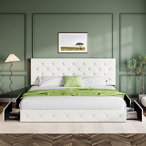 Allewie Upholstered Queen Platform Bed Frame with 4 Drawers and Headboard, Light Grey A922