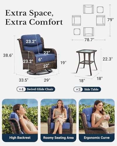 Luxury Patio Furniture Set 7PCS Wicker Conversation Set with Blue Cushions J5390