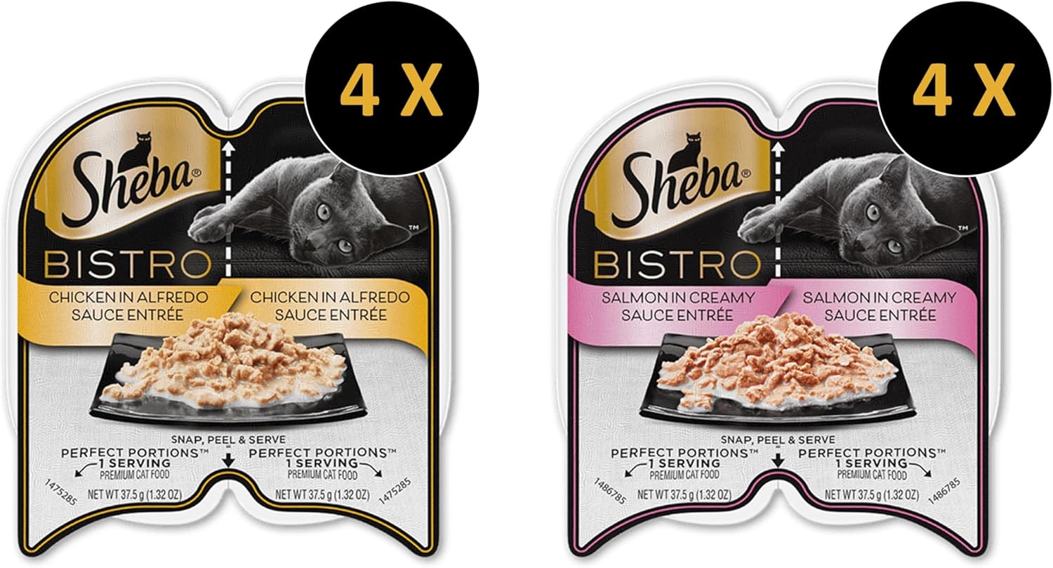 Sheba Perfect Portions Bistro Wet Cat Food Bundle, 8 Trays, Salmon & Chicken Alfredo O6108