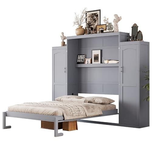 Polib Full Size Murphy Bed with Two Wardrobes and Storage Shelf, White S302797