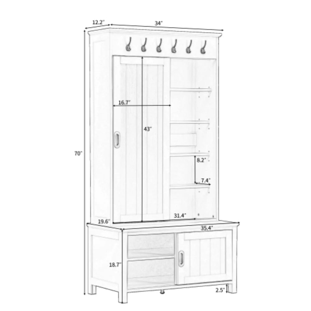 White Wooden Hall Tree with Sliding Doors and Storage Bench O243
