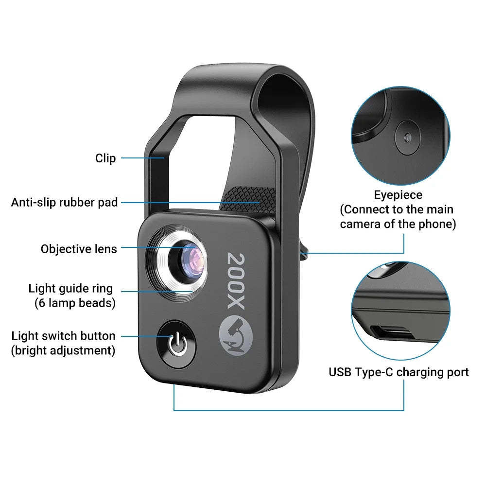APEXEL MS002 200X Phone Microscope Lens for Plant Skin Examination H697654