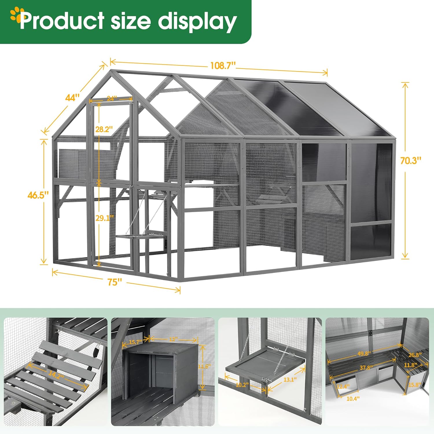 Large Cat Cage Outdoor Wooden Catio Enclosure with Weatherproof Roof T87392
