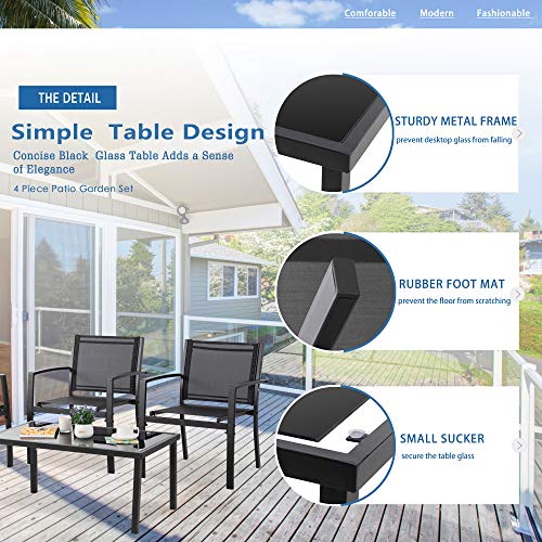 Vongrasig 4 Piece Patio Conversation Set with Glass Coffee Table, Black E428