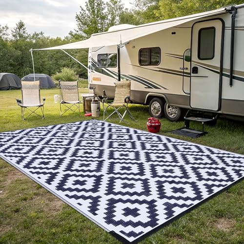 Smiry Waterproof Outdoor Rug 5x8 ft, Reversible Plastic Straw Patio Mat, Black & Beige P20186