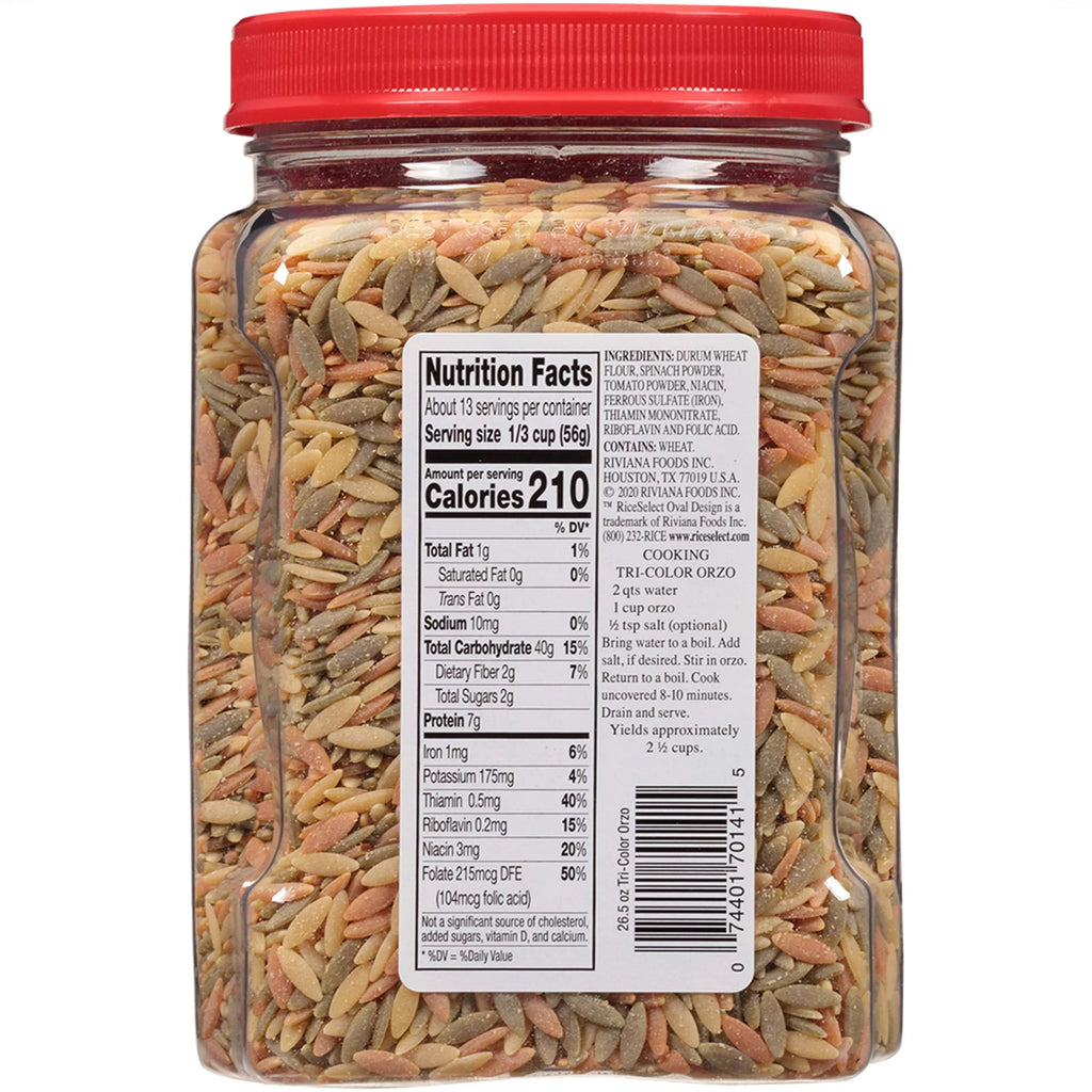 Tri-Color Orzo Pasta by RiceSelect, Non-GMO, 26.5 oz Pack of 4 L650