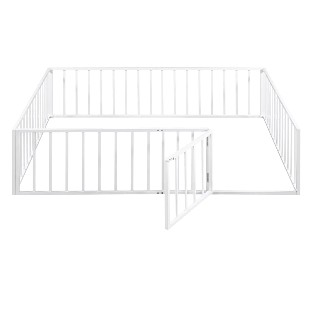 Bellemave Queen Metal Floor Bed with Fence Rails and Lockable Door, White N142