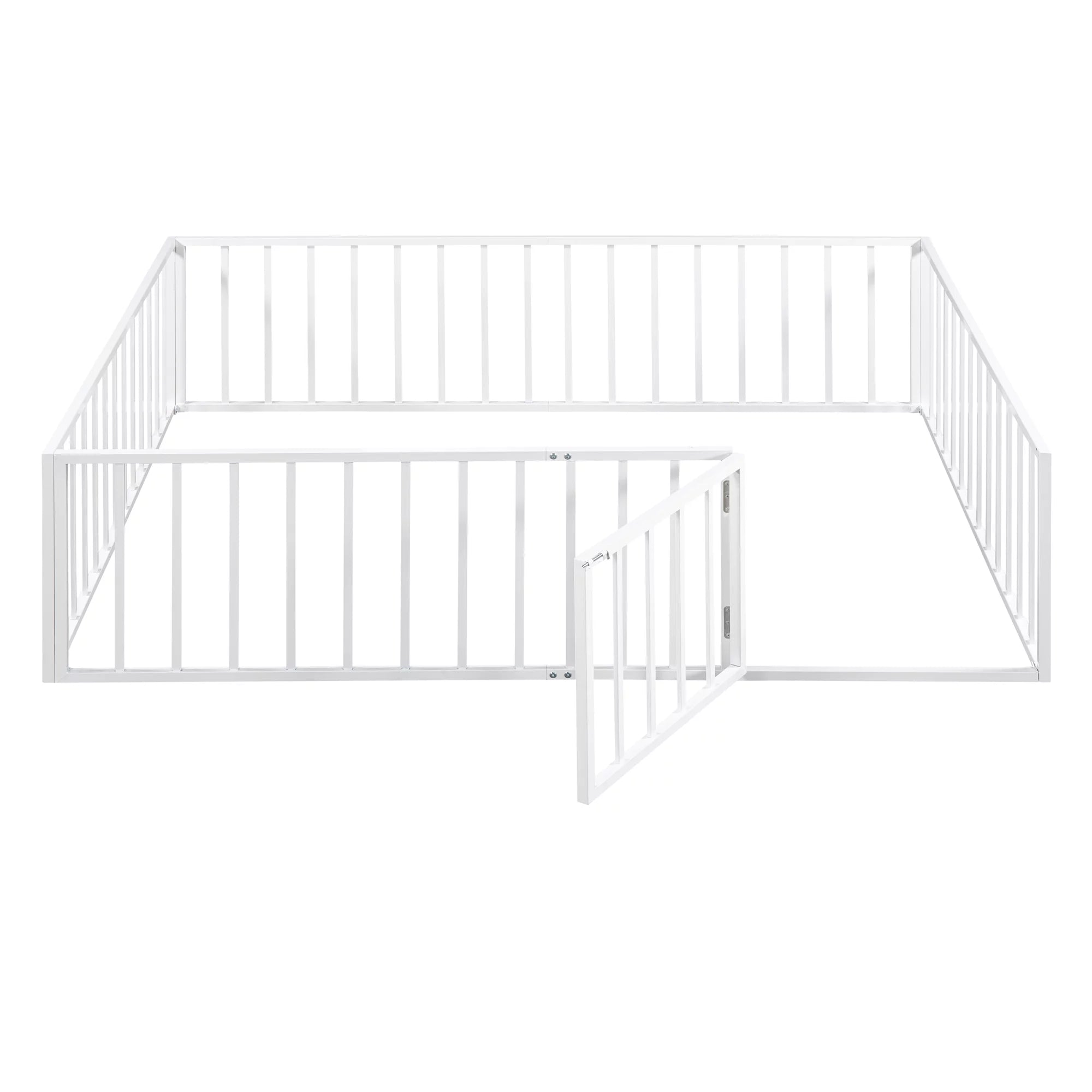 Bellemave Queen Metal Floor Bed with Fence Rails and Lockable Door, White N142