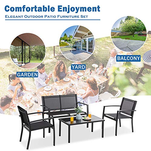 Vongrasig 4 Piece Patio Conversation Set with Glass Coffee Table, Black E428