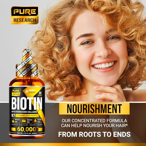 PURE RESEARCH Biotin & Collagen 60,000mcg Hair Growth Liquid Drops, 4 Fl Oz I1854