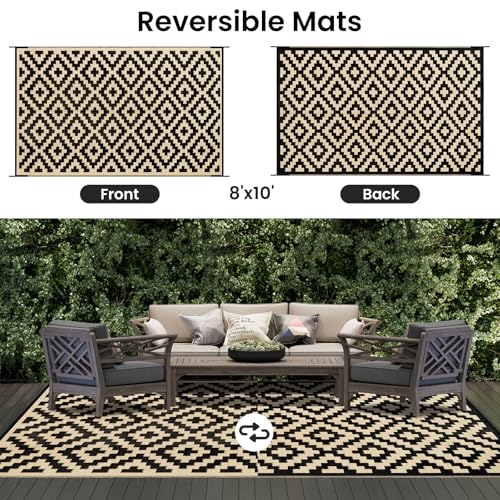 Smiry Waterproof Outdoor Rug 5x8 ft, Reversible Plastic Straw Patio Mat, Black & Beige P20186