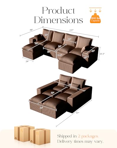 Comfy Cloud Couch with L-Shape Chaise, Modular Sectional Sofa in a Box, Soft Corduroy, Black U67688