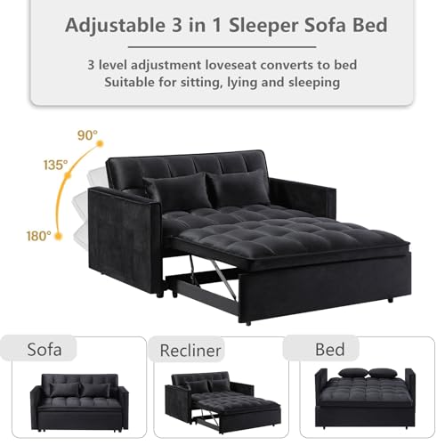 3 in 1 Convertible Sleeper Sofa Bed Futon with Adjustable Backrest, Velvet, Black Q74350