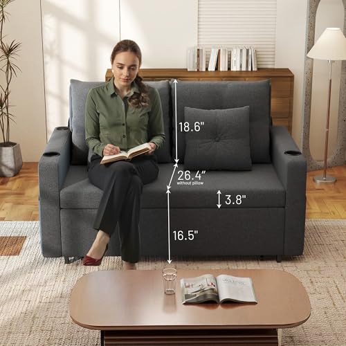 3 in 1 Pull Out Couch Convertible Sleeper Sofa Bed with Cup Holders, Grey U432