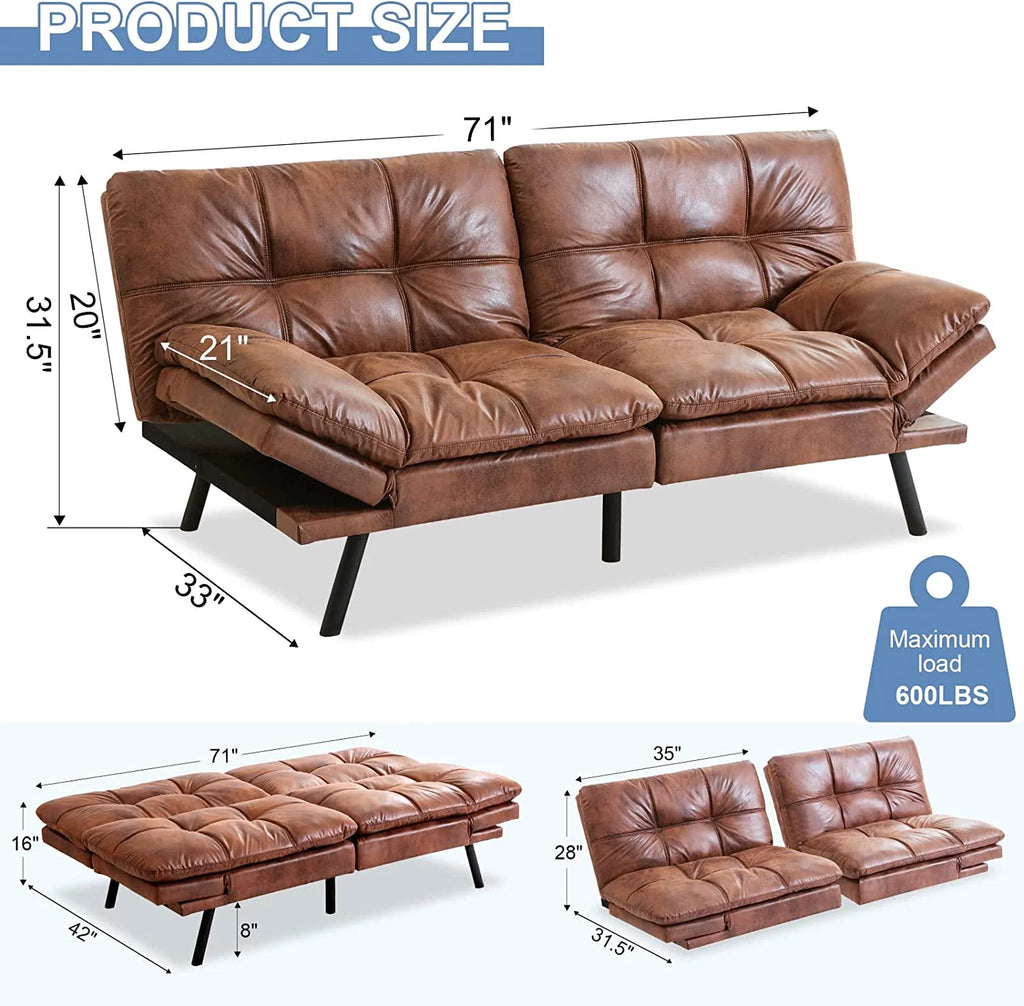 RUNFAYBIU Futon Sofa Bed Memory Foam Convertible Faux Leather with Adjustable Armrests D258720