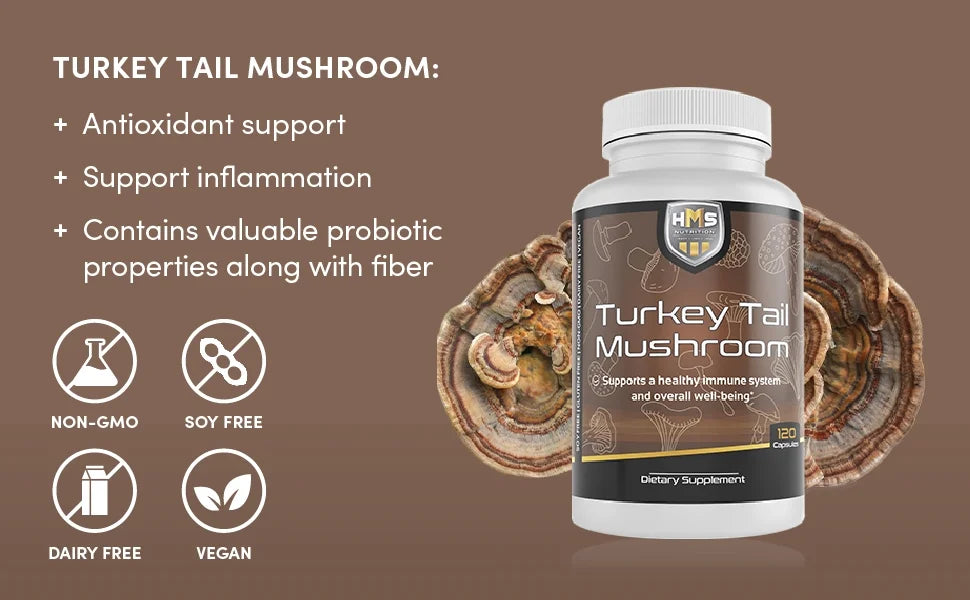 HMS Nutrition Turkey Tail Mushroom 1000mg Capsules Non-GMO Vegan I639