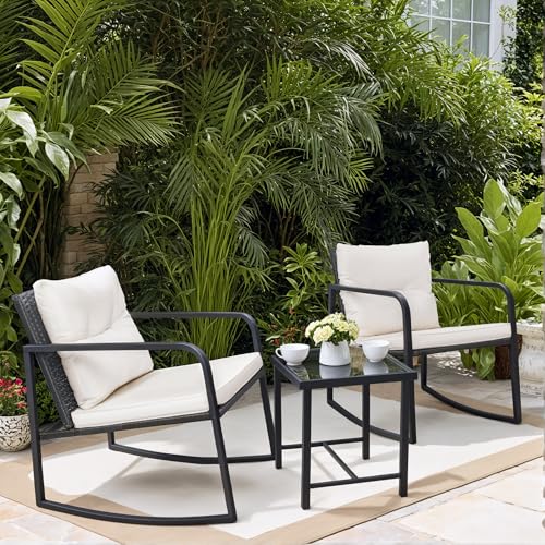 Greesum 3-Piece Rocking Wicker Bistro Set with Glass Coffee Table, Beige T6480