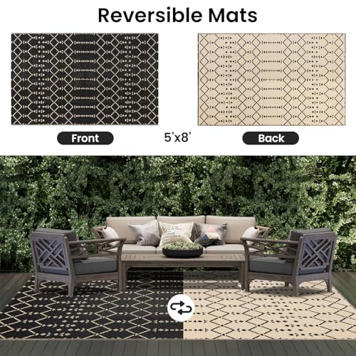Smiry Waterproof Outdoor Rug 5x8 ft, Reversible Plastic Straw Patio Mat, Black & Beige P20186