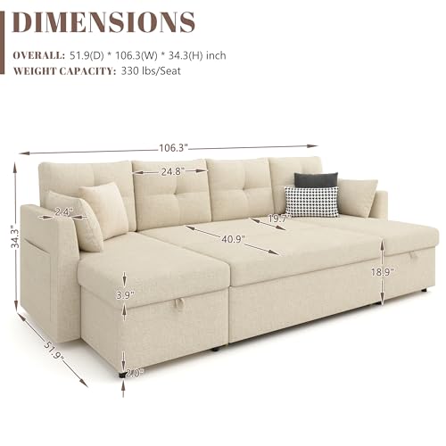 Oversized Sleeper Sofa Couch with Double Storage Chaise, Dark Grey U1381