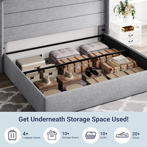 Allewie Full Size Lift Up Storage Bed with Wingback Headboard, Light Beige C85153