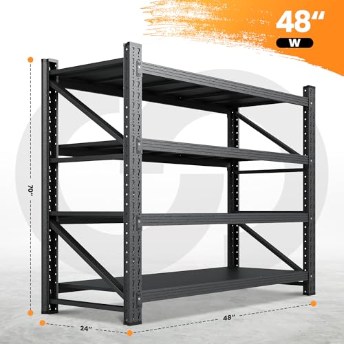 71" W Heavy Duty Steel Garage Shelving, 4-Tier Adjustable Storage Rack, Black C40455
