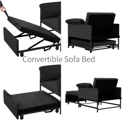 3 in 1 Sleeper Sofa Bed with Side Pocket, Black Convertible Futon Couch W34330