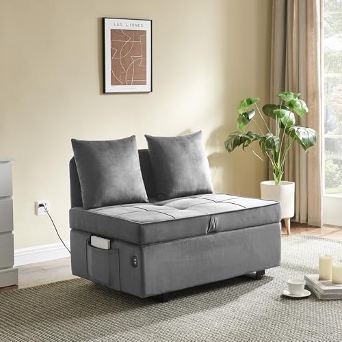 Velvet Convertible Sofa Bed Sleeper Chair with 2 Throw Pillows, Dark Grey U621331