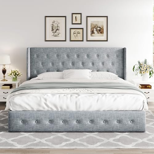 Allewie Full Size Lift Up Storage Bed with Wingback Headboard, Light Beige C85153