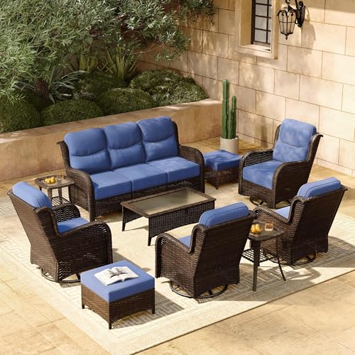 Luxury Patio Furniture Set 7PCS Wicker Conversation Set with Blue Cushions J5390