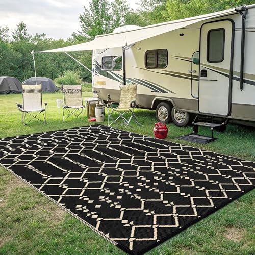 Smiry Waterproof Outdoor Rug 5x8 ft, Reversible Plastic Straw Patio Mat, Black & Beige P20186