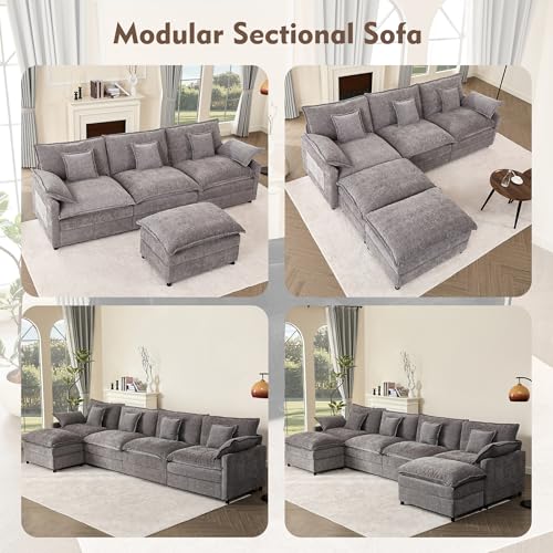U Shaped Modular Sectional Sofa with Ottoman, Chenille, Black P2121