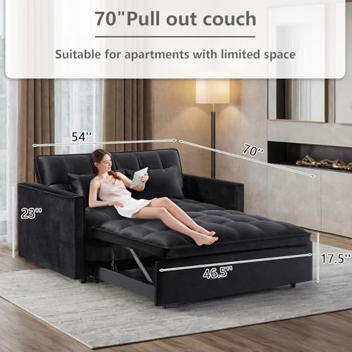 3 in 1 Convertible Sleeper Sofa Bed Futon with Adjustable Backrest, Velvet, Black Q74350