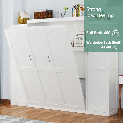 Polib Full Size Murphy Bed with Two Wardrobes and Storage Shelf, White S302797