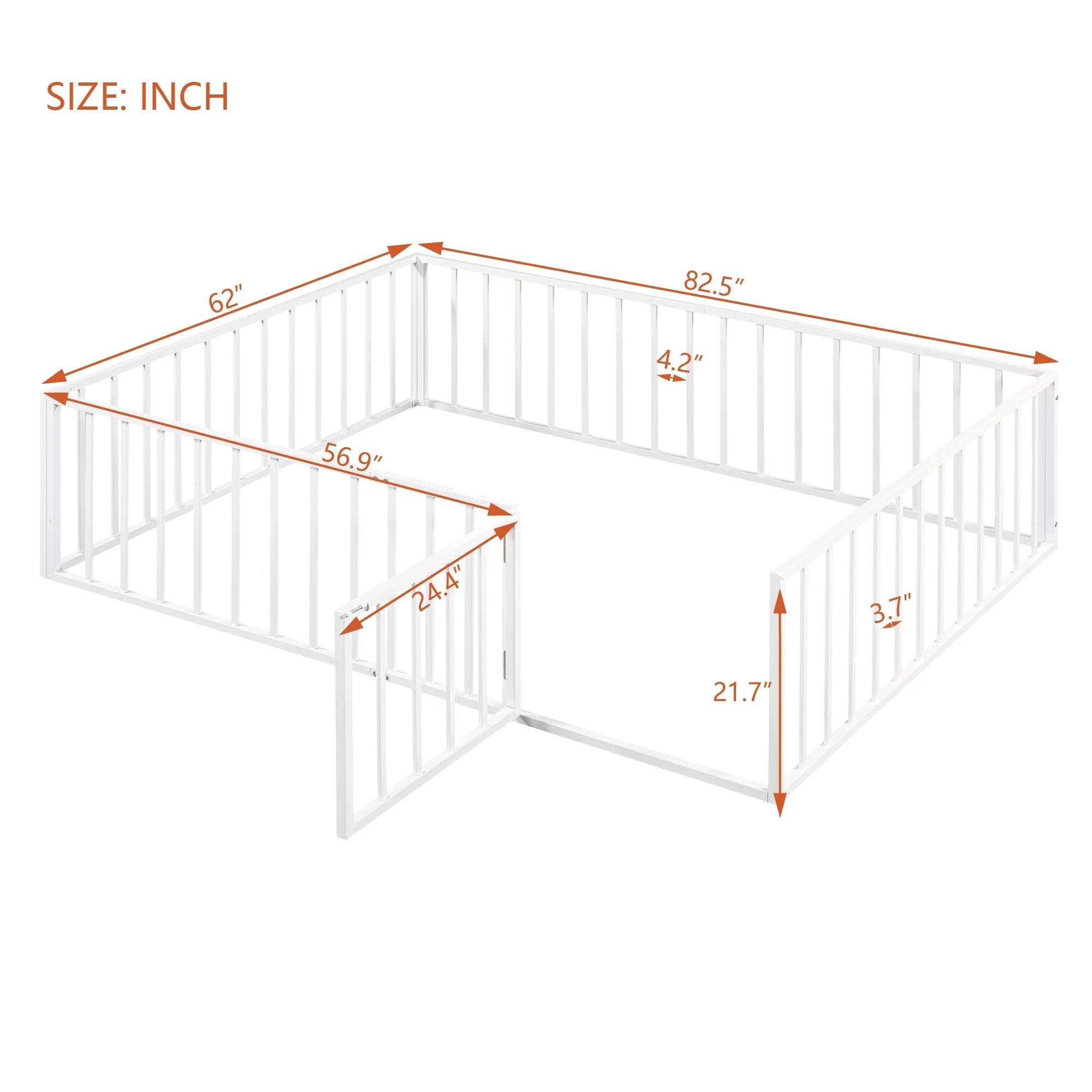 Bellemave Queen Metal Floor Bed with Fence Rails and Lockable Door, White N142