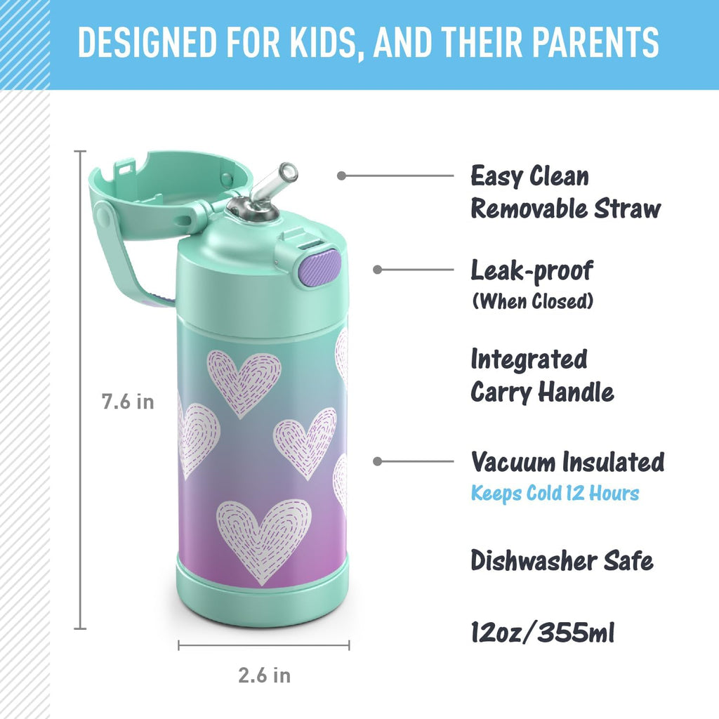THERMOS FUNTAINER Water Bottle with Straw 12 Ounce, Purple Hearts X420688