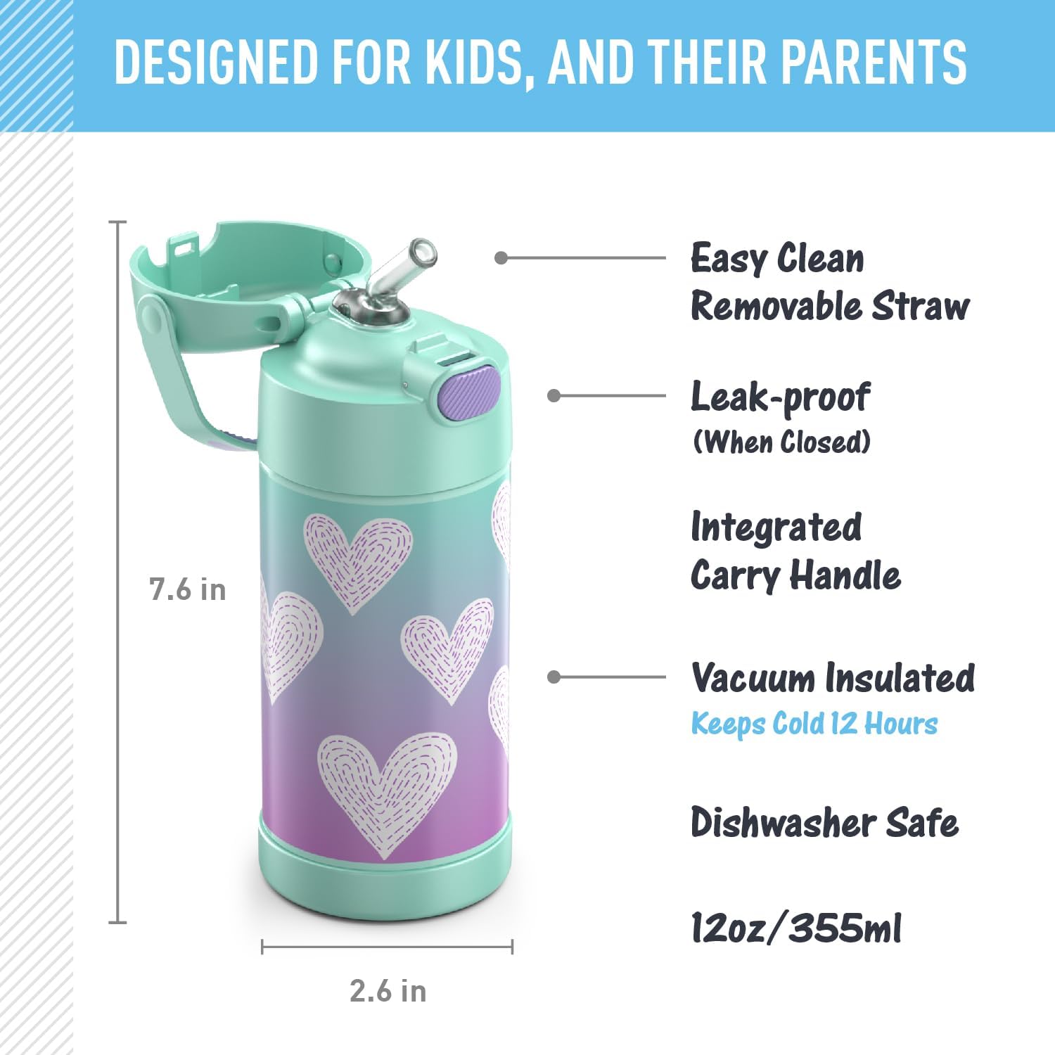 THERMOS FUNTAINER Water Bottle with Straw 12 Ounce, Purple Hearts X420688