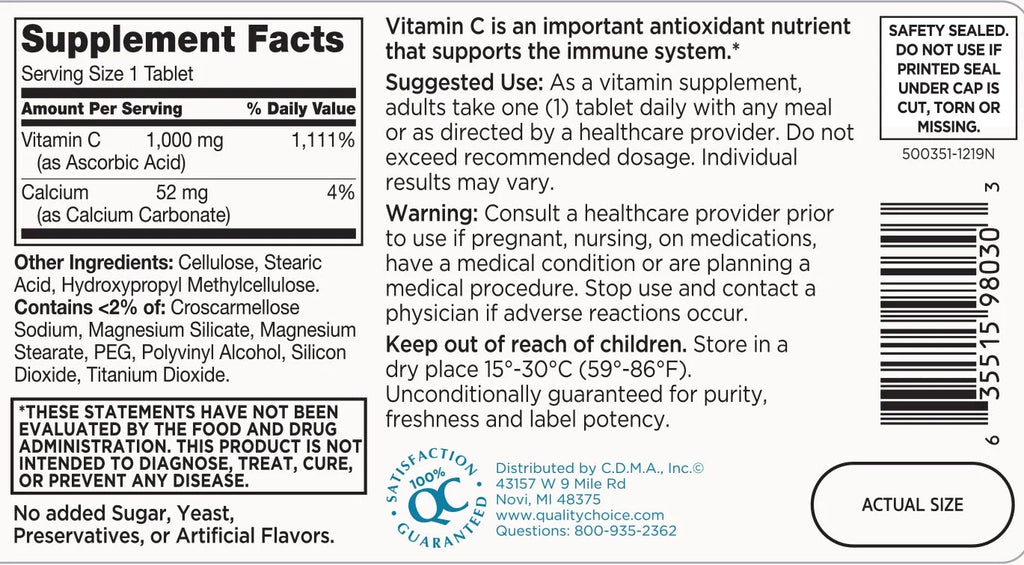 Quality Choice 1000mg Vitamin C Tablets, 100 Count, Pack of 4 R3402