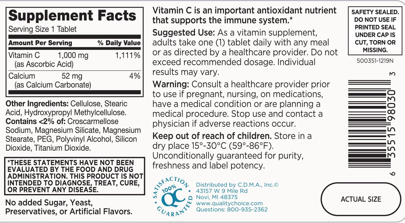 Quality Choice 1000mg Vitamin C Tablets, 100 Count, Pack of 4 R3402