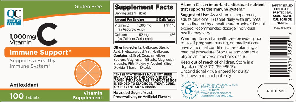 Quality Choice 1000mg Vitamin C Tablets, 100 Count, Pack of 4 R3402