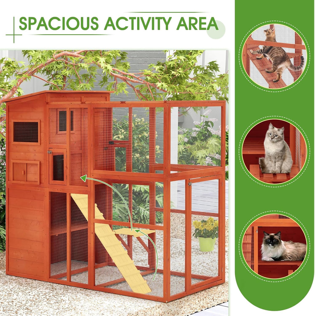 Esright Cat Catio Large Outdoor Cat Enclosure Wooden Walk-in Cage with Platform R49998