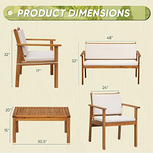 Flamaker 3 Piece Acacia Wood Patio Furniture Set with Coffee Table & Cushions B730