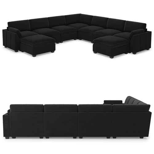 Belffin Extra Large Modular Sectional Sofa, 4-Seater L Shaped Velvet Couch, Black A1471
